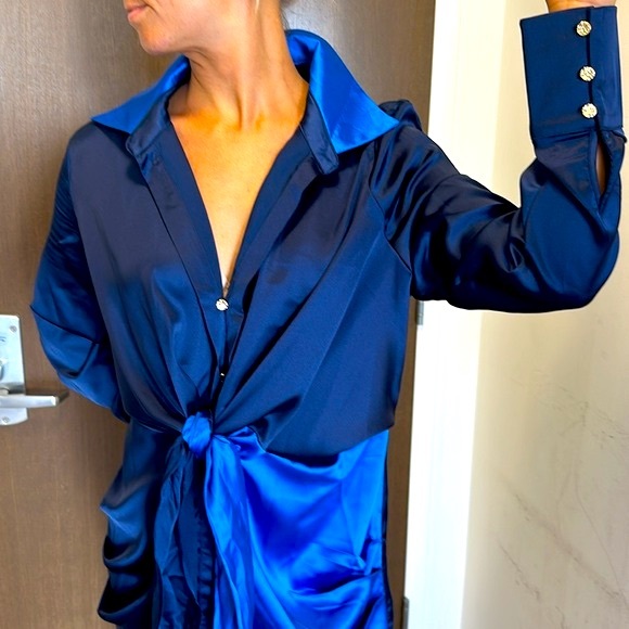 BRAND NEW LENA Colorblock Front Tie Button Shirt Dress - Picture 6 of 10